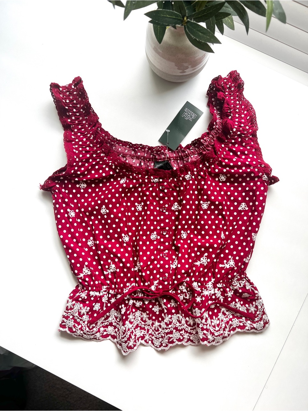 NWT Wild Fable Maroon Polka Dot Eyelet Trim Top